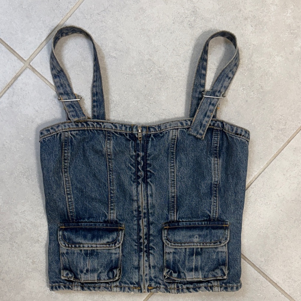 Zara Blue Denim Tank with Front Zip and Pockets